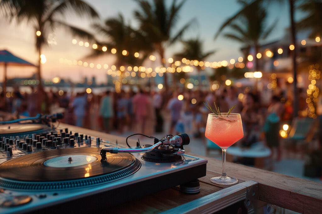 Beachside bar scene with string lights, a DJ turntable, and cocktails.
