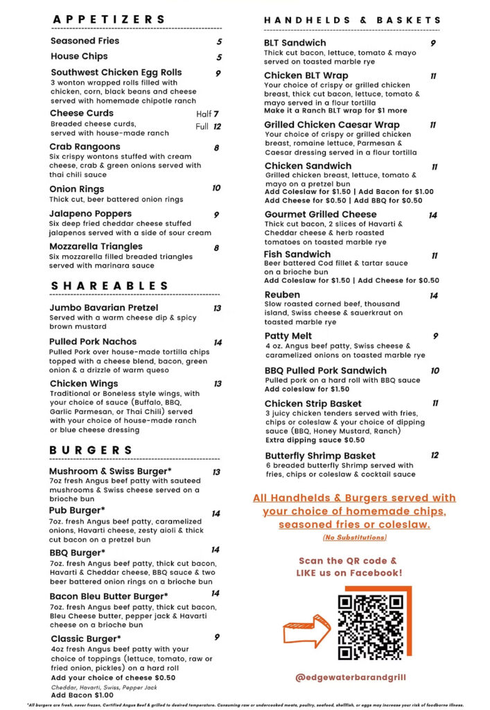 Menu displaying appetizers, sharables, burgers, handhelds, and baskets.