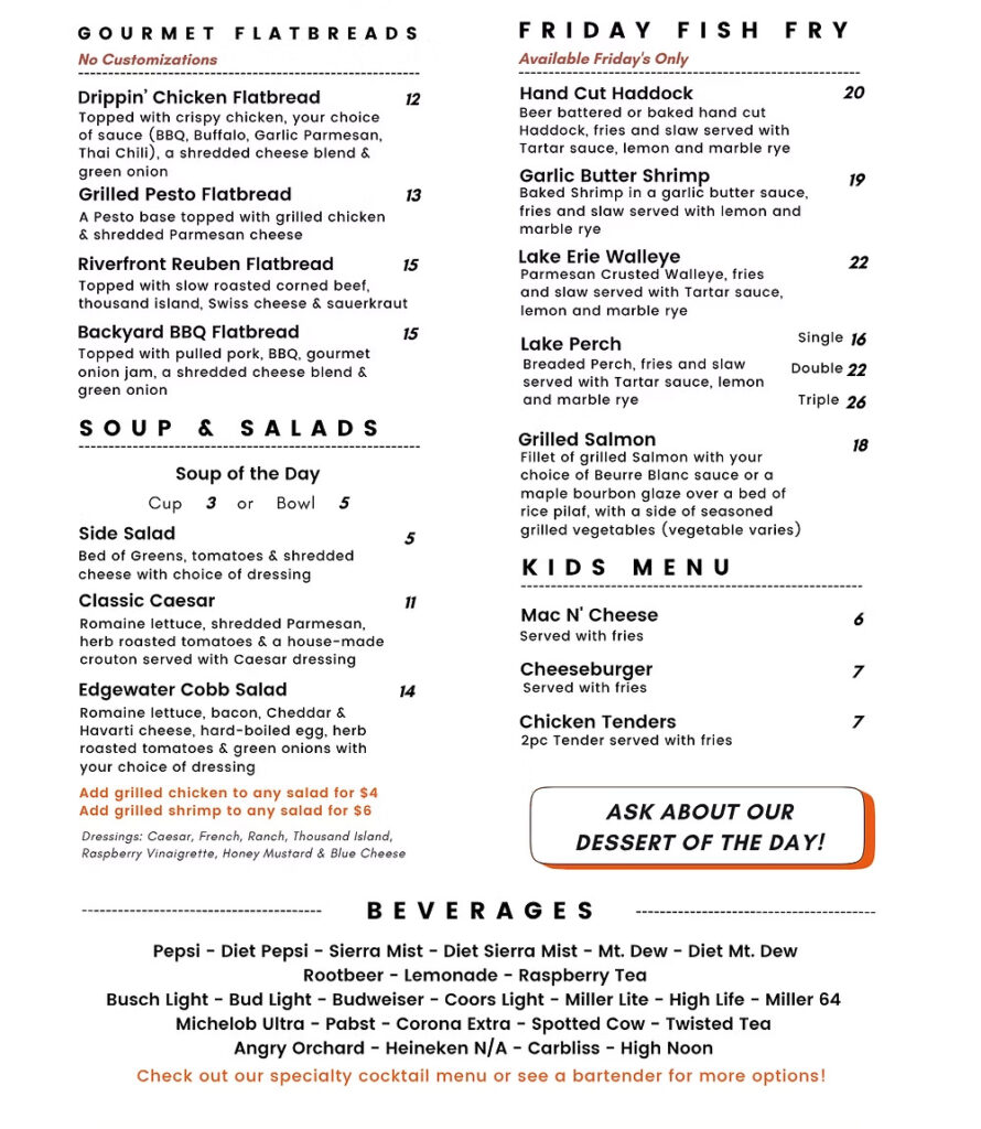 Menu displaying gourmet flatbreads, soups and salads, Friday fish fry options, a kids menu, and beverages.